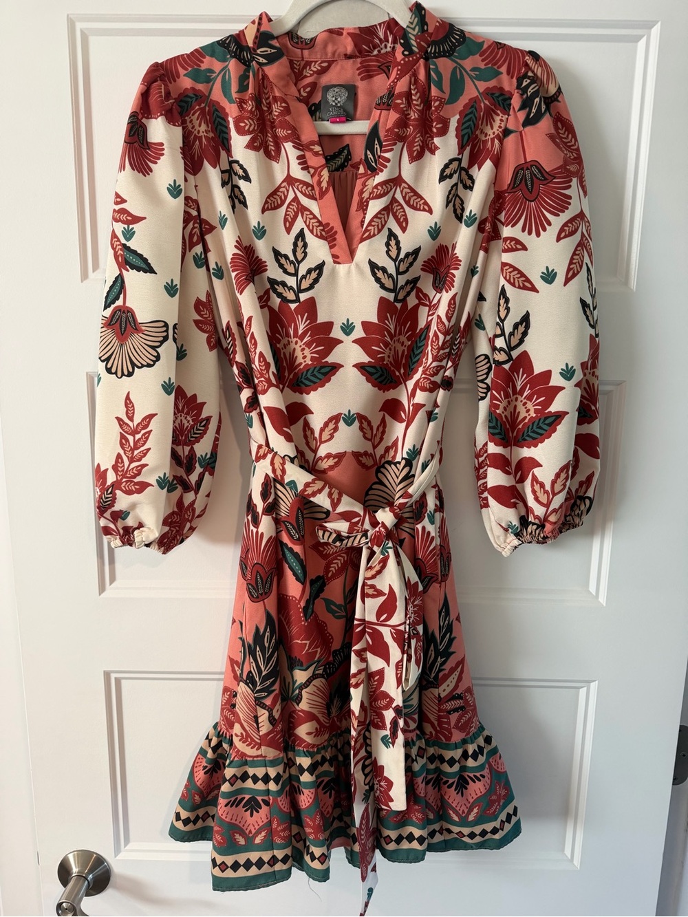 Vince Camuto V-Neck Dress in Cream and Terracotta